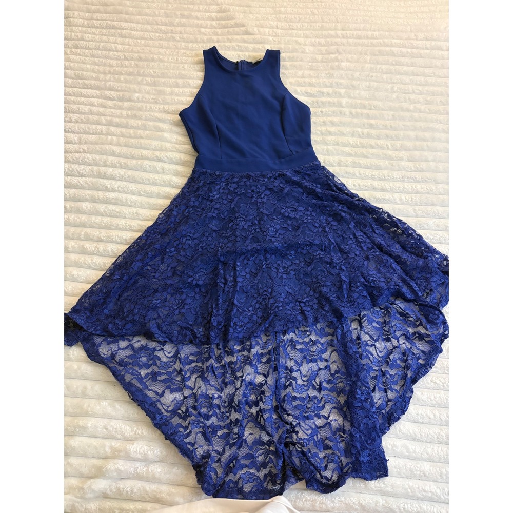 Lush Royal Blue Lace High Low Cocktail Dress Sleeveless Cutout Back‎ Womens